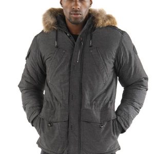 Pelle Pelle Mens Black Fur Hooded Wool Jacket