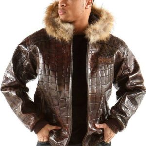 Pelle Pelle Mens Crocodile Skin Brown Leather Jacket