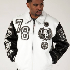 pelle pelle encrusted varsity white-plush mens leather jacket