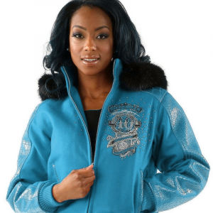 Pelle Pelle Womens 40th Anniversary Turquoise Fur Hooded Jacket