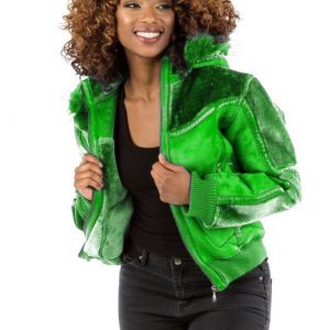 Pelle Pelle Womens Green Fur Hooded Bomber Jacket