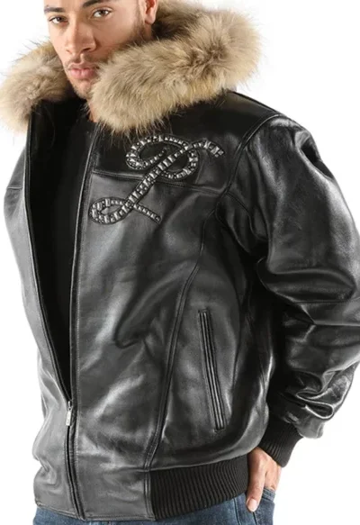 Pelle Pelle Mens Black Fur Hood Leather Jacket